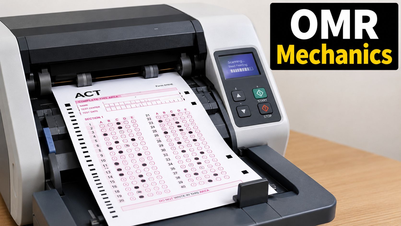 An OMR scanner processing an ACT bubble sheet for test grading on a desk.