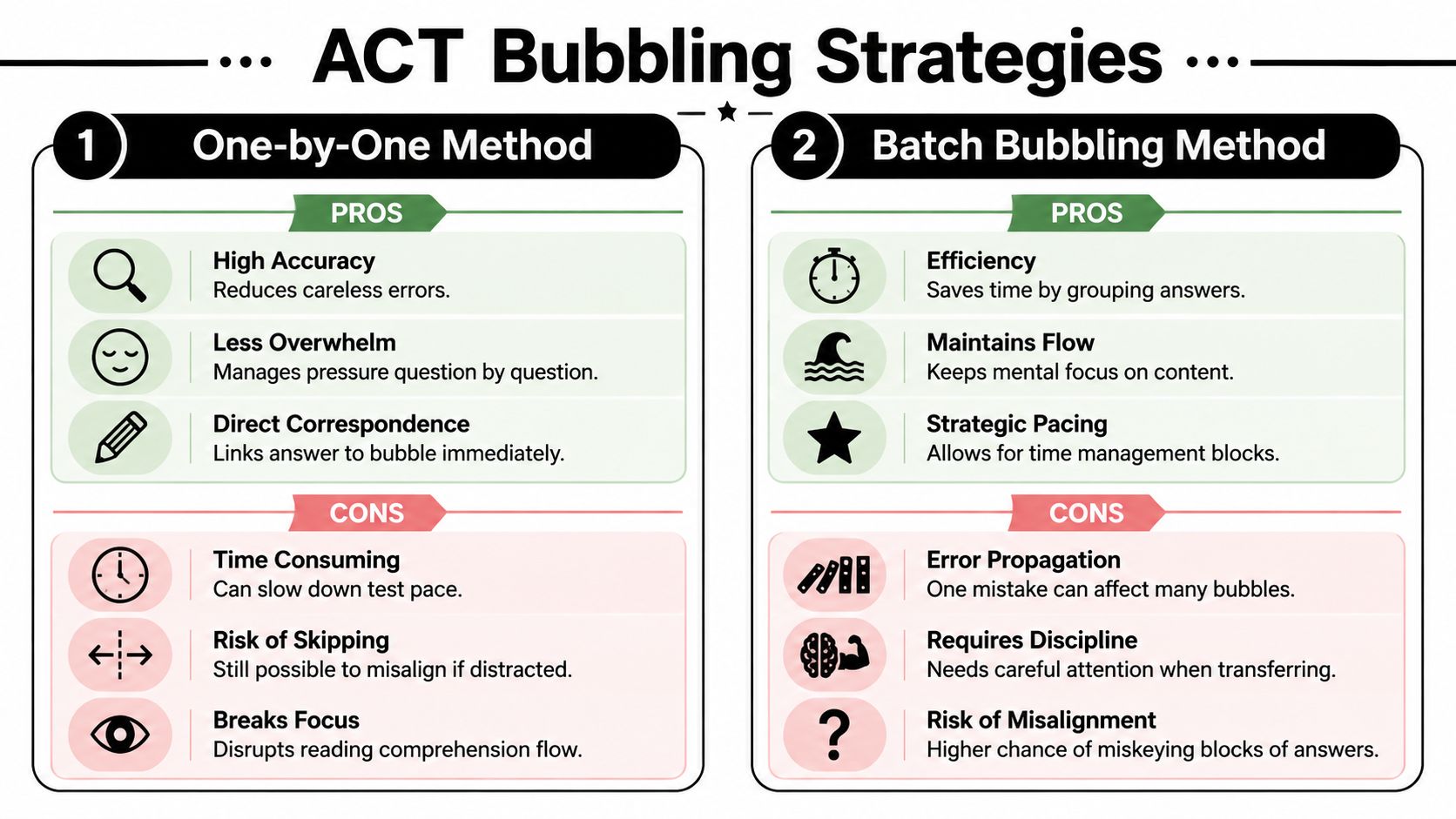 A comparison chart outlining the pros and cons of two ACT test bubbling strategies: One-by-One and Batch Bubbling.