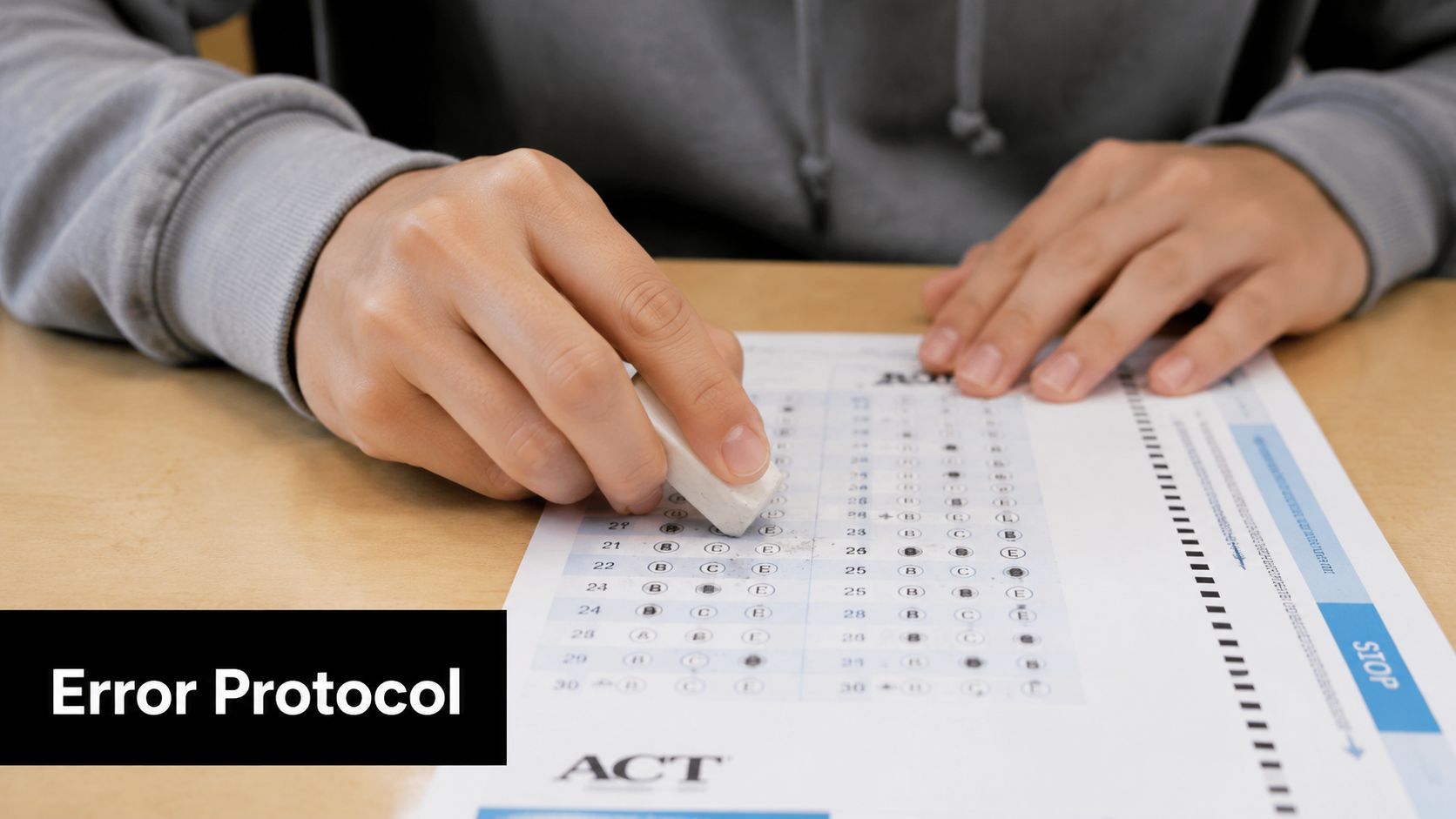 A person using an eraser to correct marks on an official ACT multiple choice bubble answer sheet.