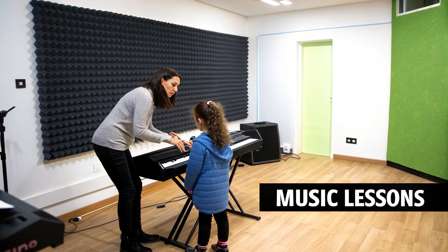 A woman teaches a young girl to play the keyboard during a music lesson.