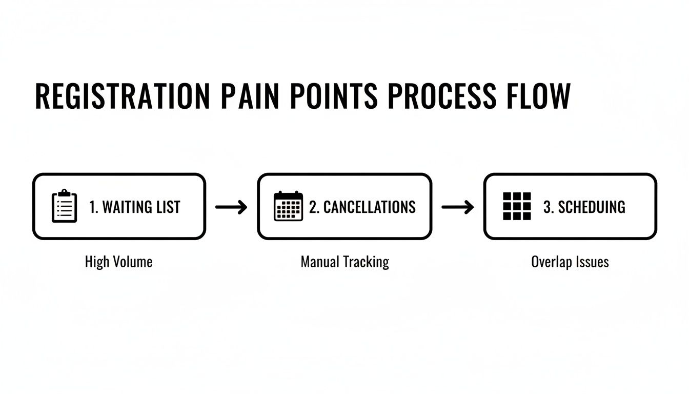 Process flow diagram illustrating registration pain points: waiting list, cancellations, and scheduling issues.