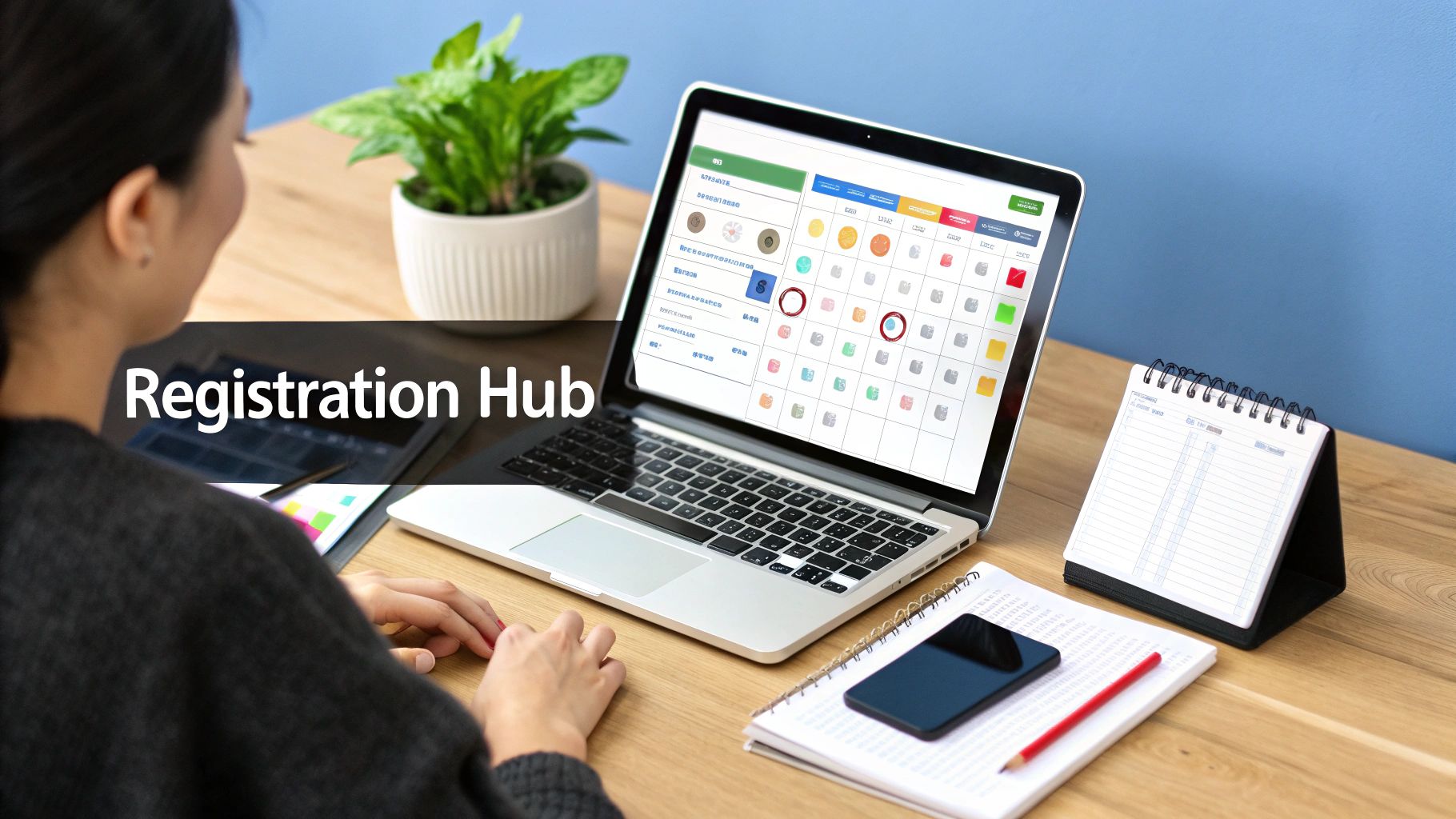 A person uses a laptop displaying registration software, with office supplies and a calendar on a wooden desk.