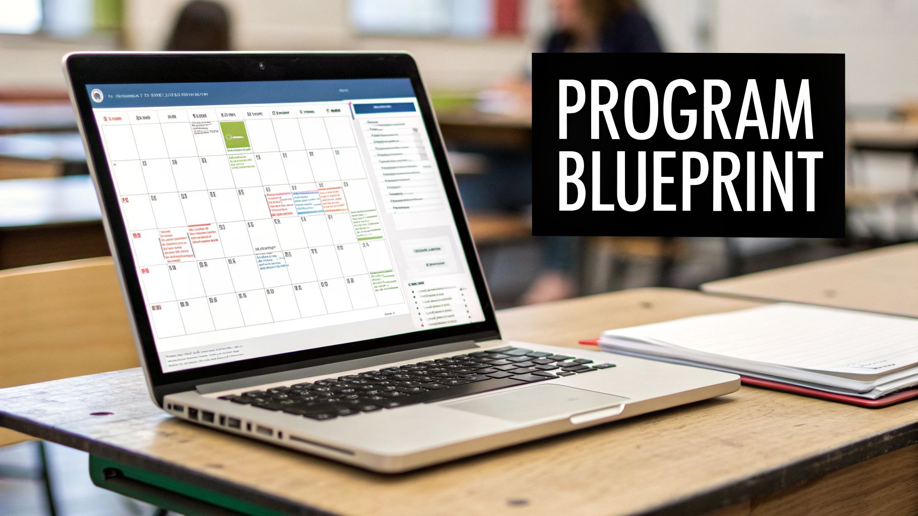 Laptop displaying a program blueprint calendar on a classroom desk, ideal for after-school tutoring planning.
