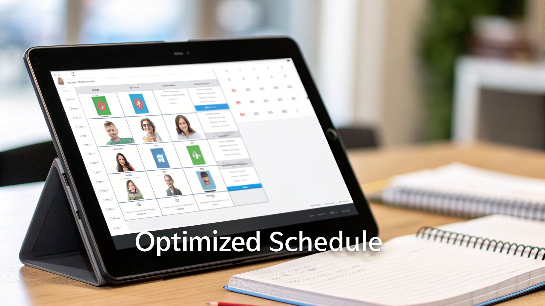 A tablet on a wooden desk displays an optimized schedule with people's photos and a calendar, next to a notebook.