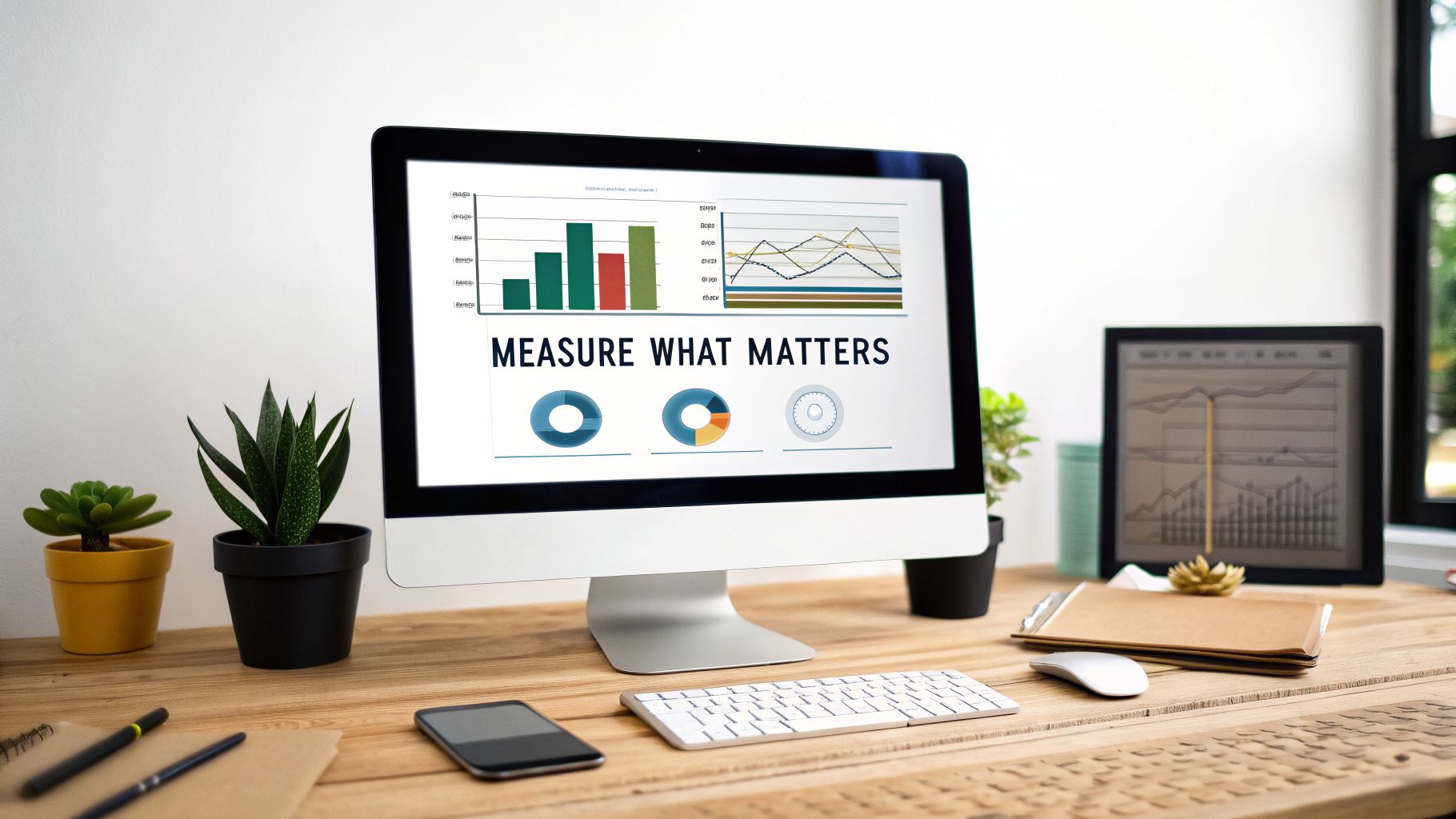 Desktop computer on a wooden desk displaying data charts and 'Measure What Matters' for business analytics.