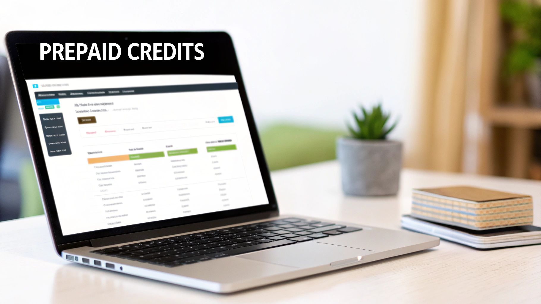 A laptop displaying a 'PREPAID CREDITS' screen with data tables, alongside a plant and notebooks on a desk.