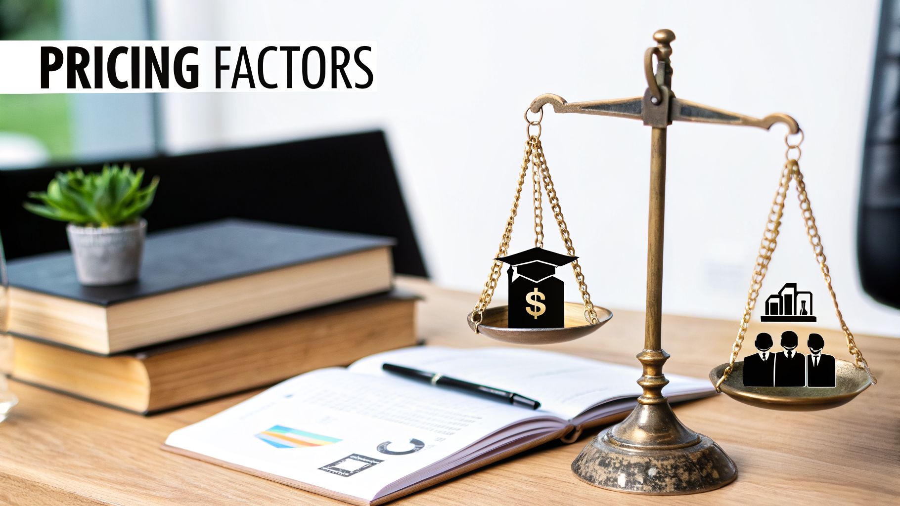 A balance scale weighing education cost (graduation cap with dollar sign) against market value (business people and growth chart), illustrating pricing factors.