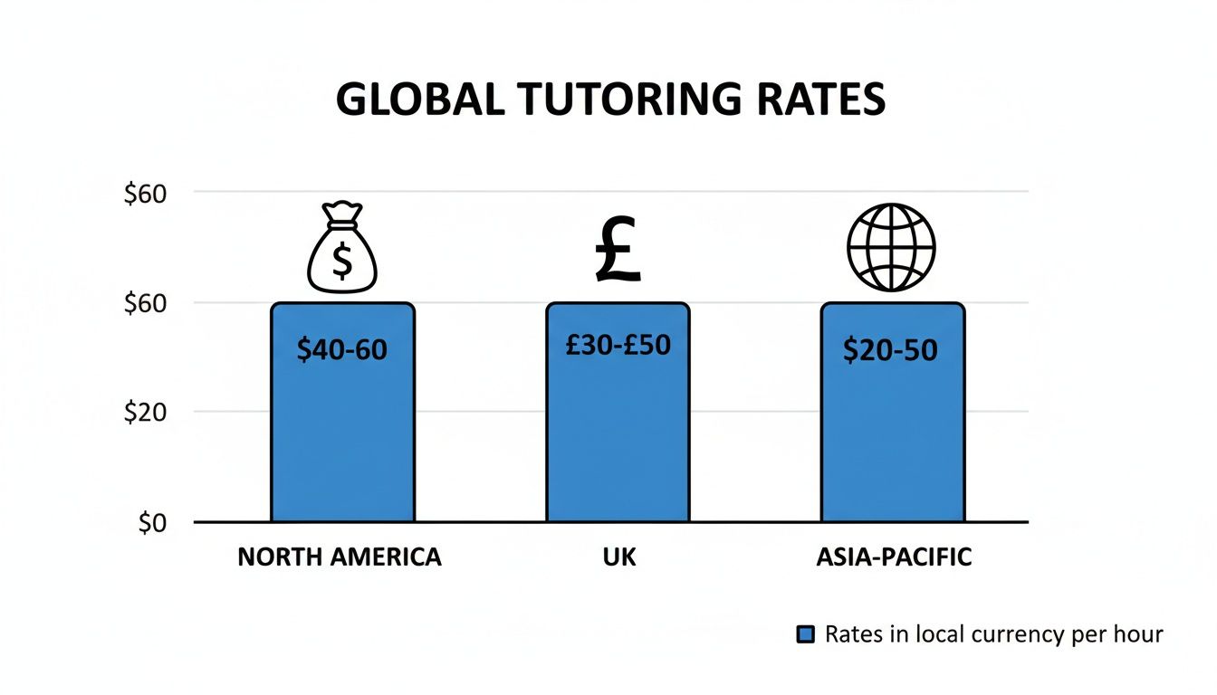 Bar chart showing global tutoring rates per hour for North America, UK, and Asia-Pacific regions.