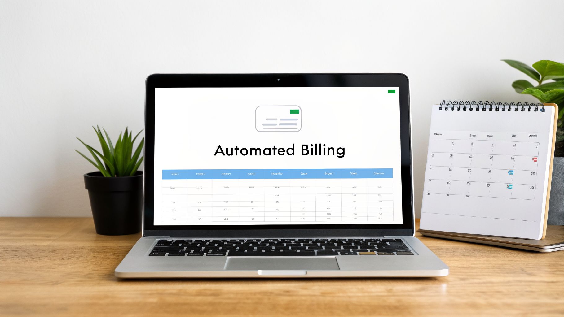 A laptop on a wooden desk displaying 'Automated Billing' software with a spreadsheet, alongside a plant and calendar.