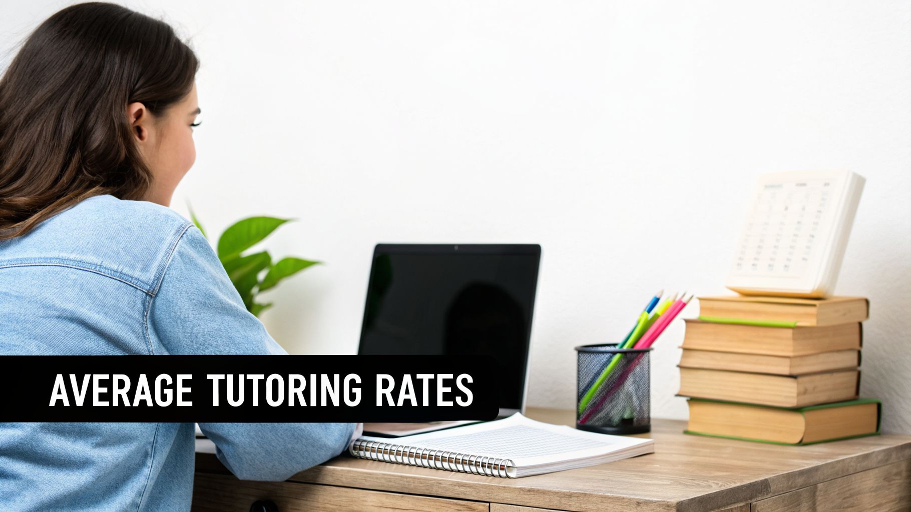 A person works at a desk with a laptop and books, with 'Average Tutoring Rates' text.