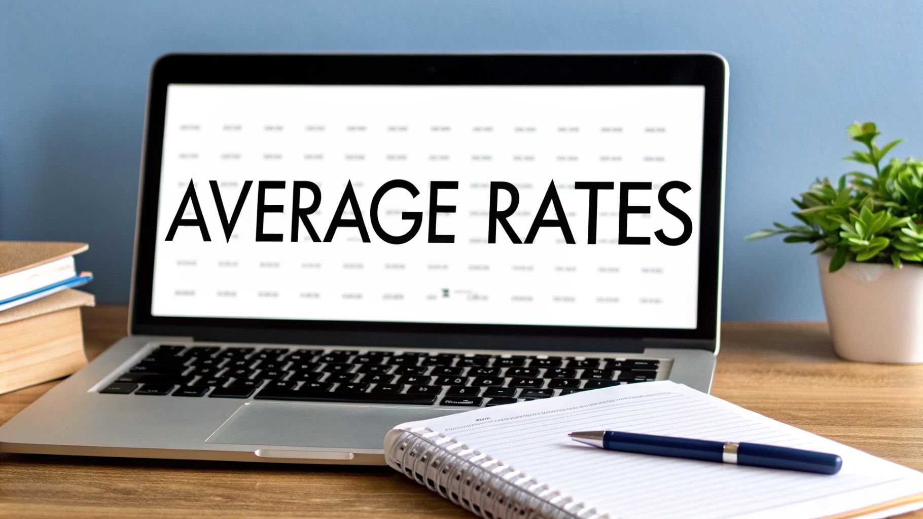 A laptop displays 'AVERAGE RATES' on its screen, placed on a desk with books, a notebook, and a plant.