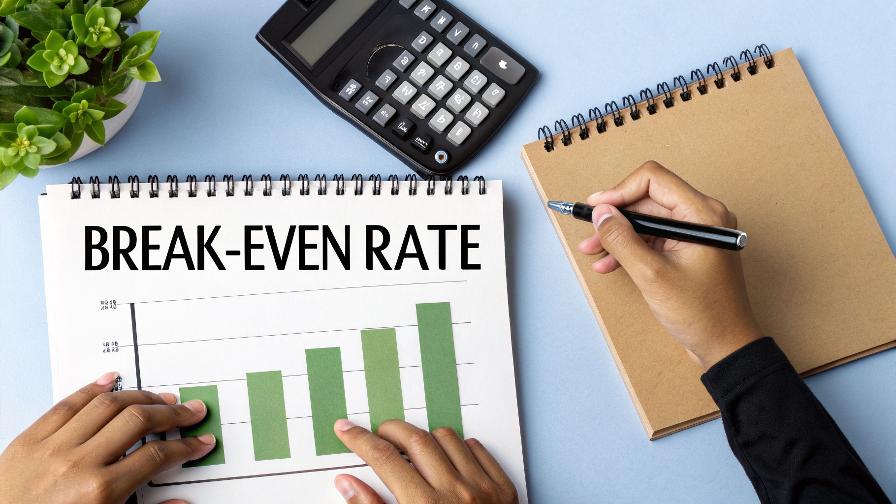 Hands pointing at a 'BREAK-EVEN RATE' chart in a notebook with a calculator and plant.