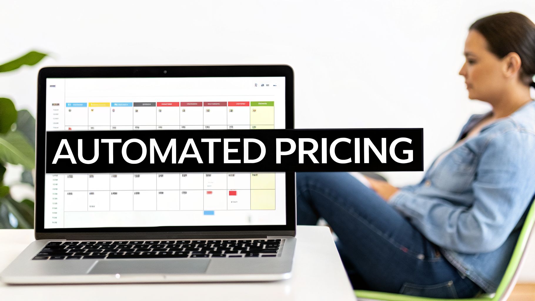 A laptop displaying 'AUTOMATED PRICING' on its screen, with a person relaxing in the background.