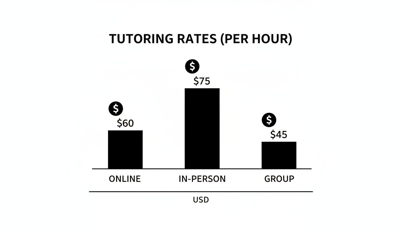 Bar chart illustrating tutoring rates per hour: online $60, in-person $75, and group $45 USD.