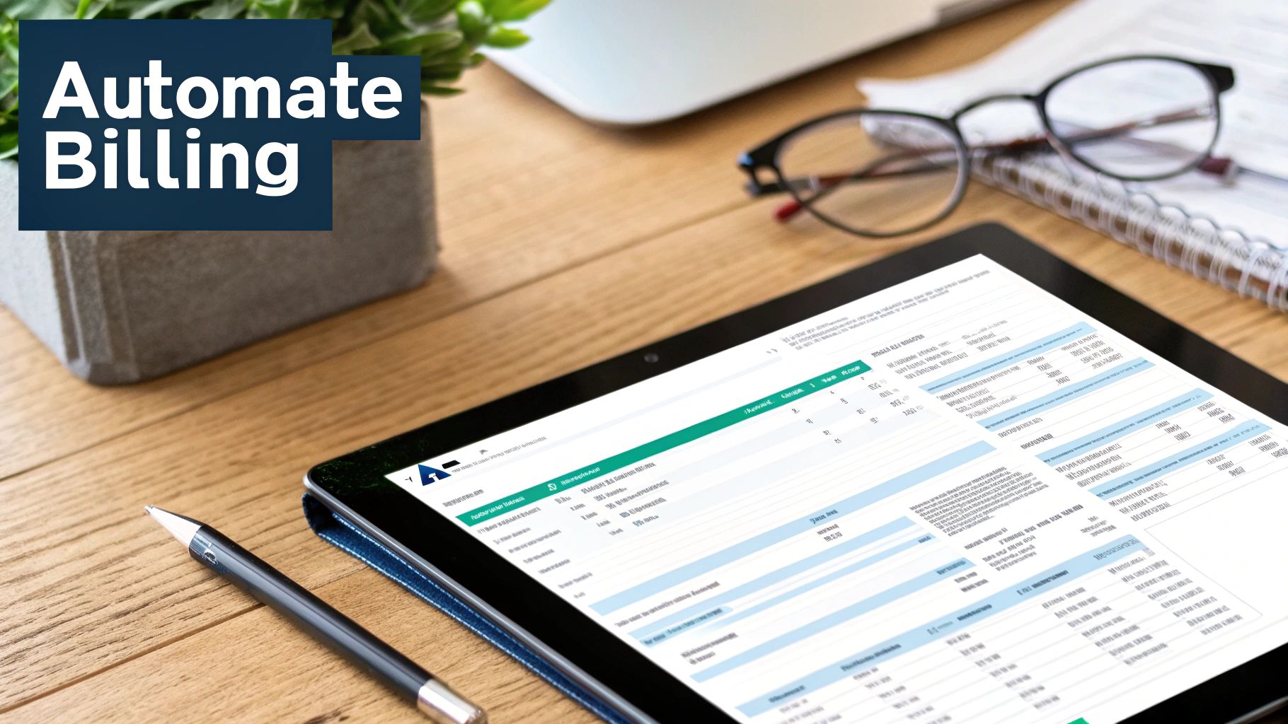 Tablet showing financial data with 'Automate Billing' overlay, on a modern office desk.