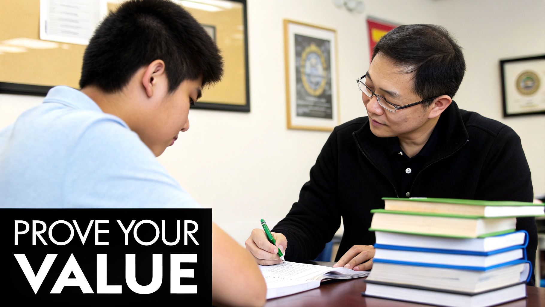 An adult tutor, wearing glasses, helps a young student with academic work at a desk with stacked books.