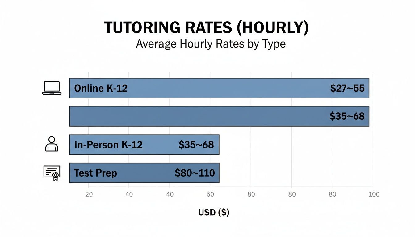 Bar chart displaying average hourly tutoring rates for Online K-12, In-Person K-12, and Test Prep.