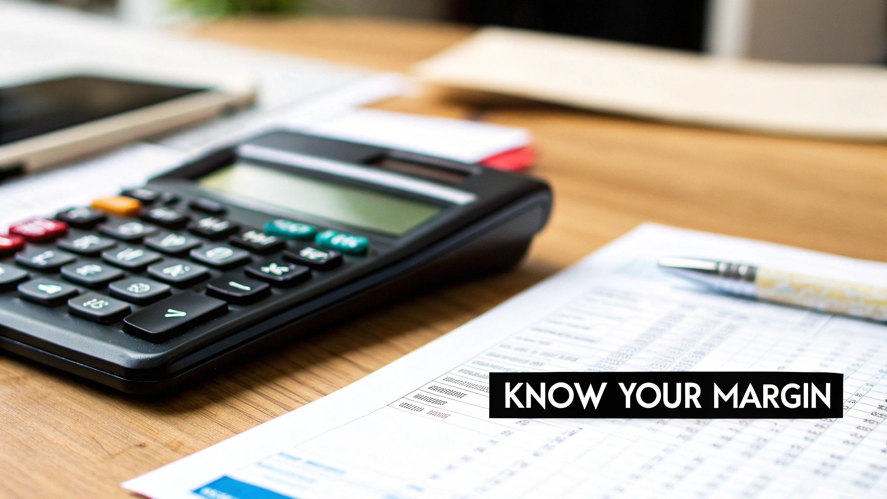 A calculator, pen, and financial documents on a wooden desk with the text 'KNOW YOUR MARGIN'.