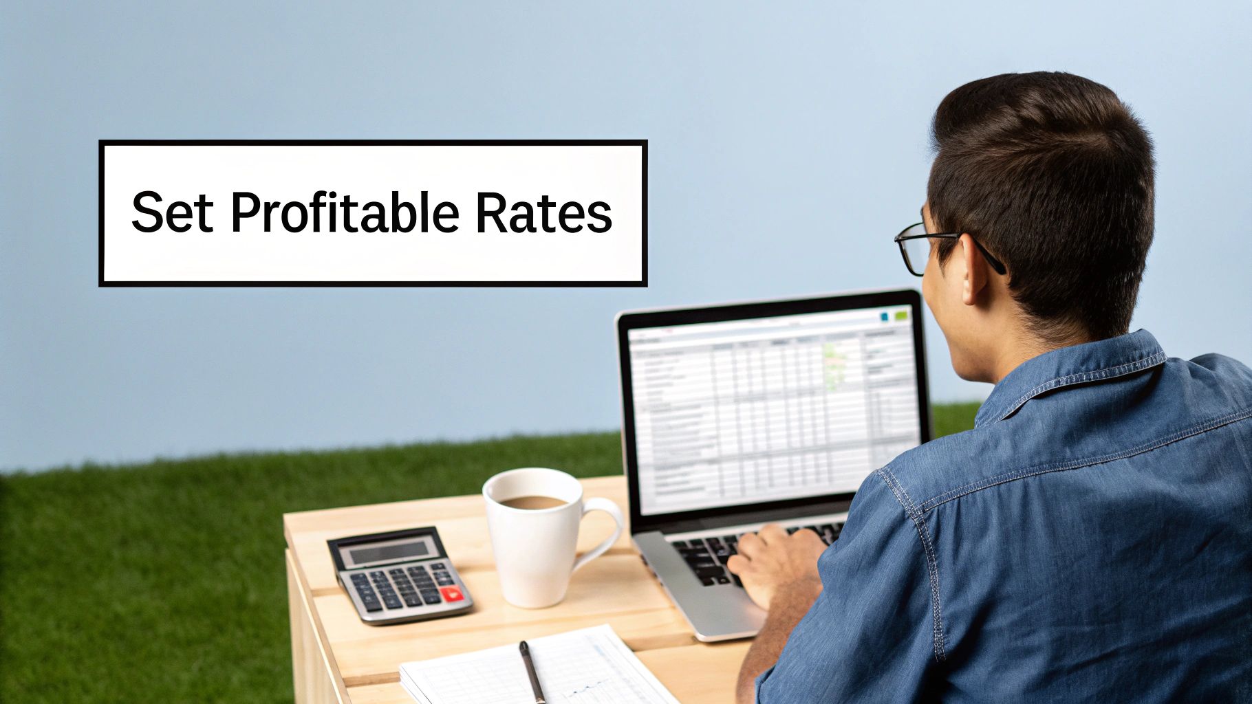 Person setting profitable rates on a laptop outdoors, with a calculator and coffee on a wooden table.