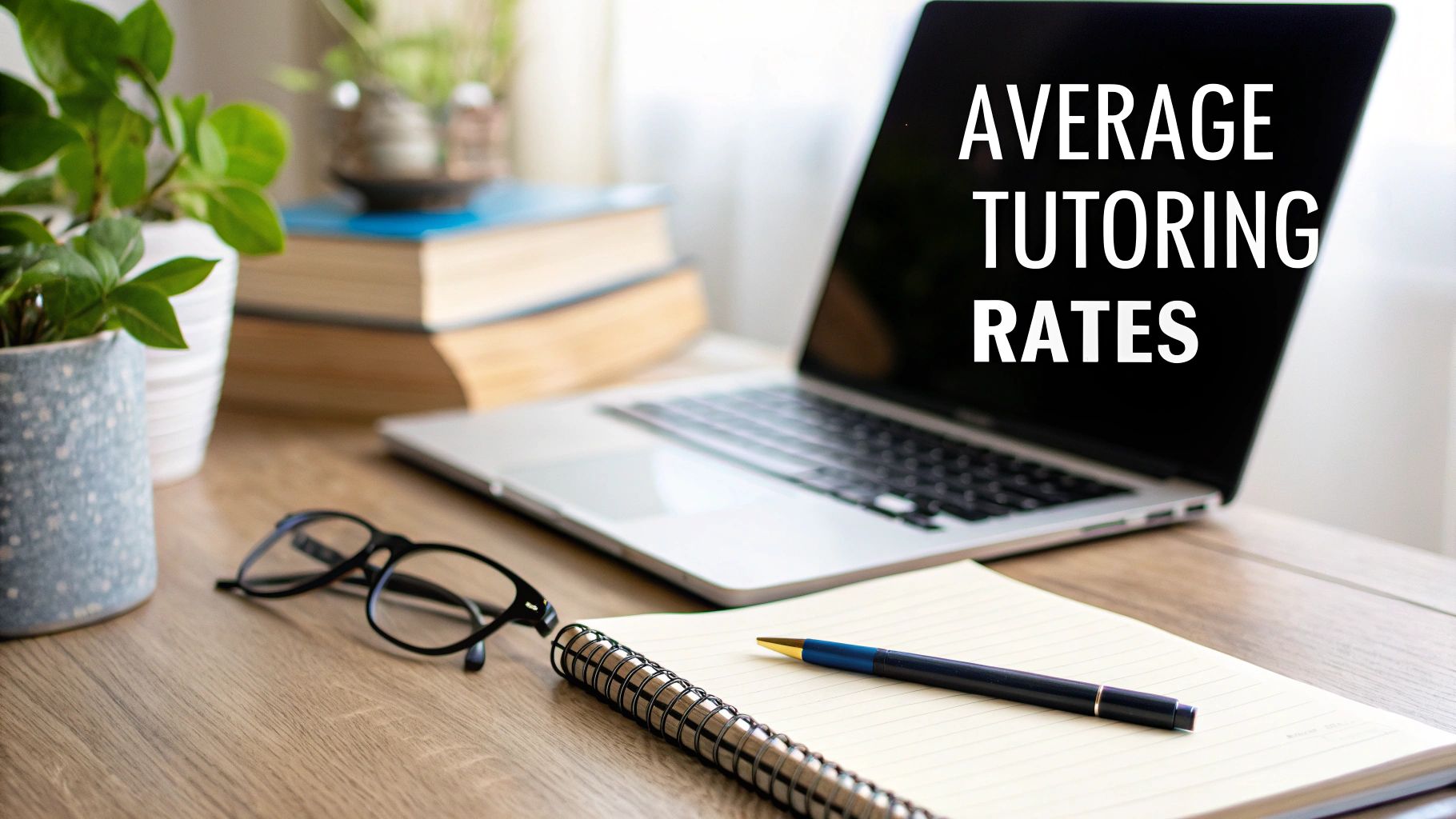 A laptop displaying 'AVERAGE TUTORING RATES' on a wooden desk with a notebook, pen, and glasses.