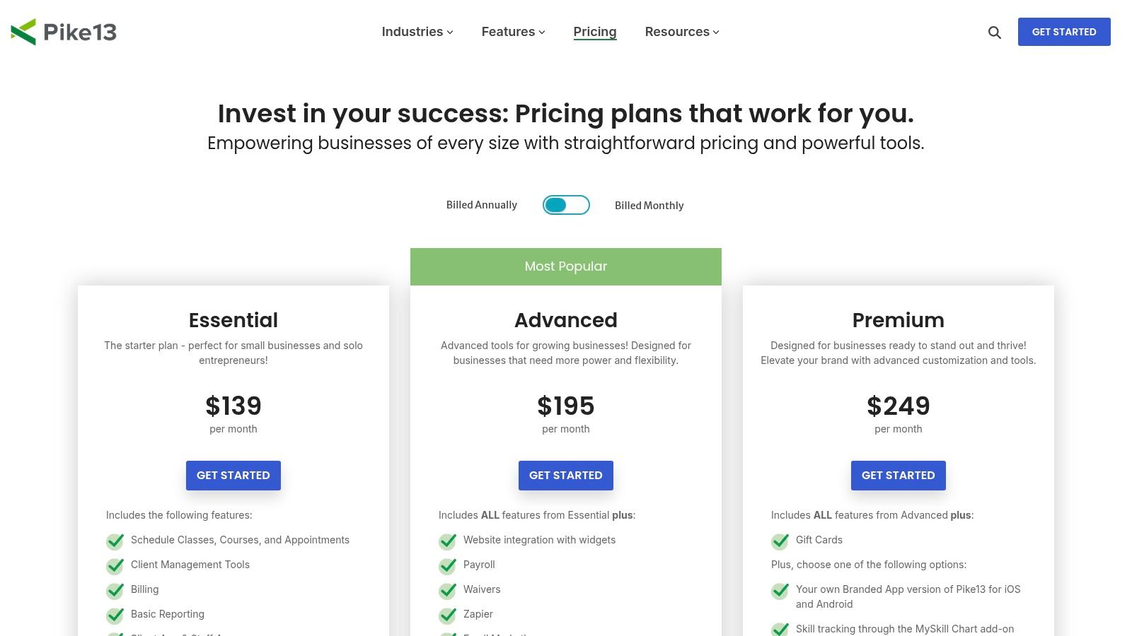 Pike13 plans showing different tiers with features for business management