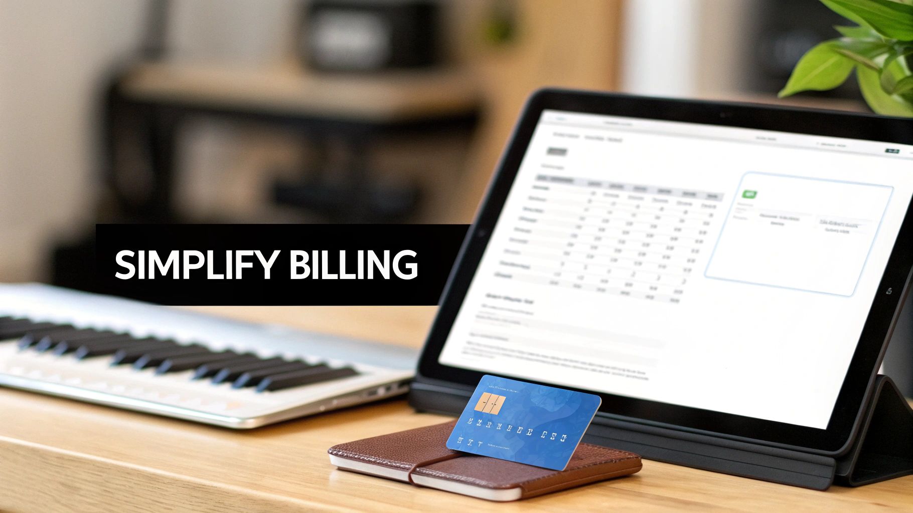 A tablet displays a billing interface with a credit card on a wallet and a piano keyboard, text 'SIMPLIFY BILLING'.
