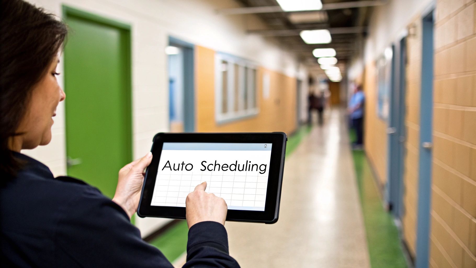 A woman holds a tablet displaying "Auto Scheduling" in a school or office hallway.
