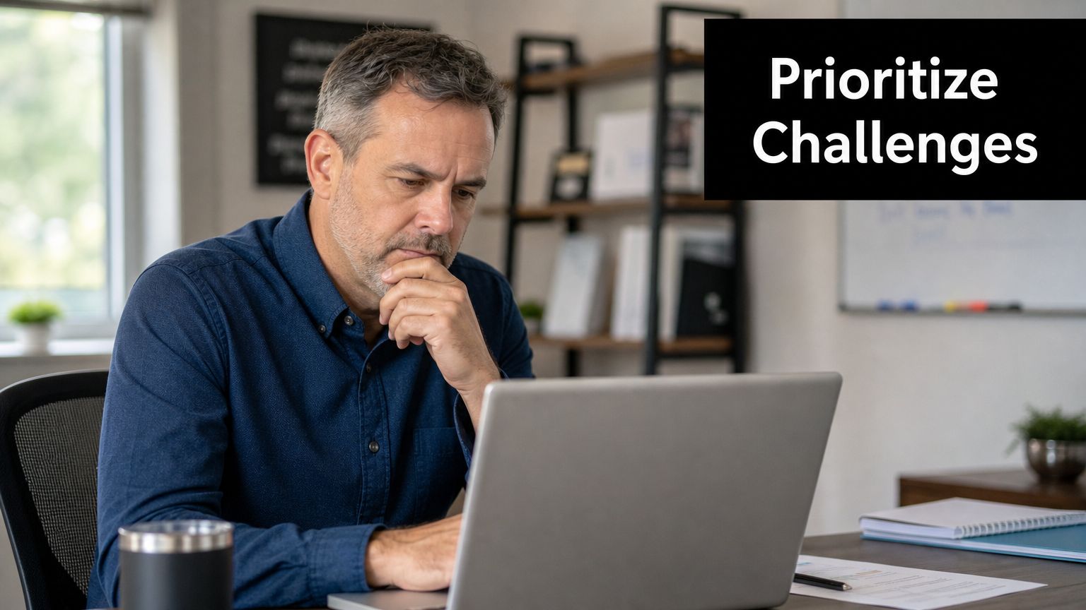 A professional man with gray hair sits at a desk looking thoughtfully at his laptop screen.