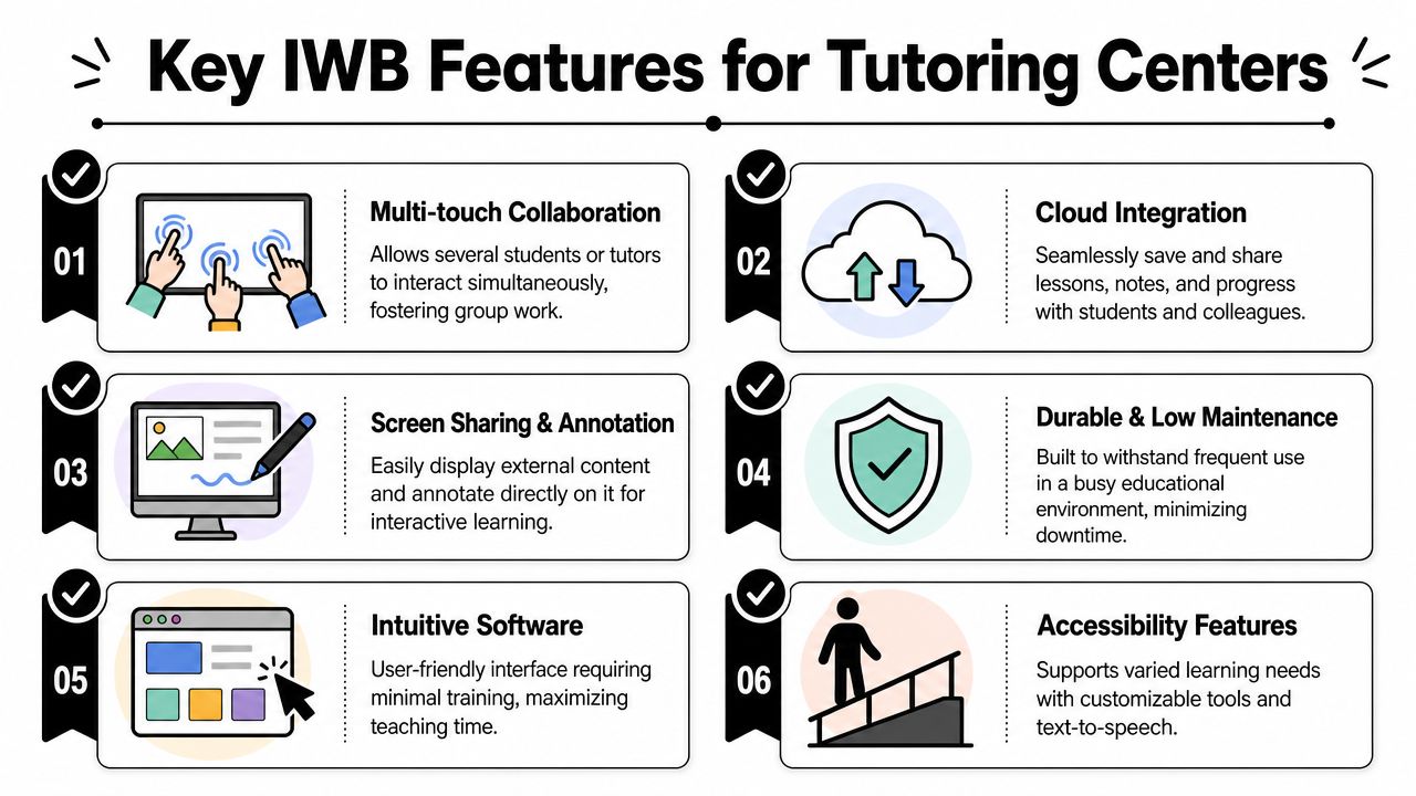 An infographic showing six key features of interactive whiteboards designed specifically for tutoring centers and classrooms.