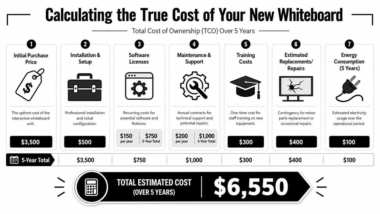 A detailed infographic showing the seven factors to calculate the total five-year cost of ownership for an interactive whiteboard.
