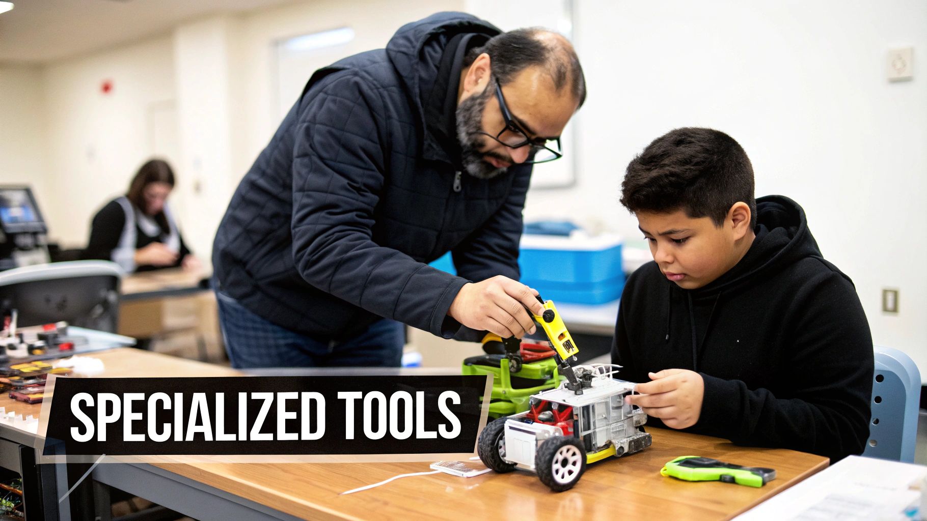 An adult mentor and a child student work on a robotic car together, using specialized tools.