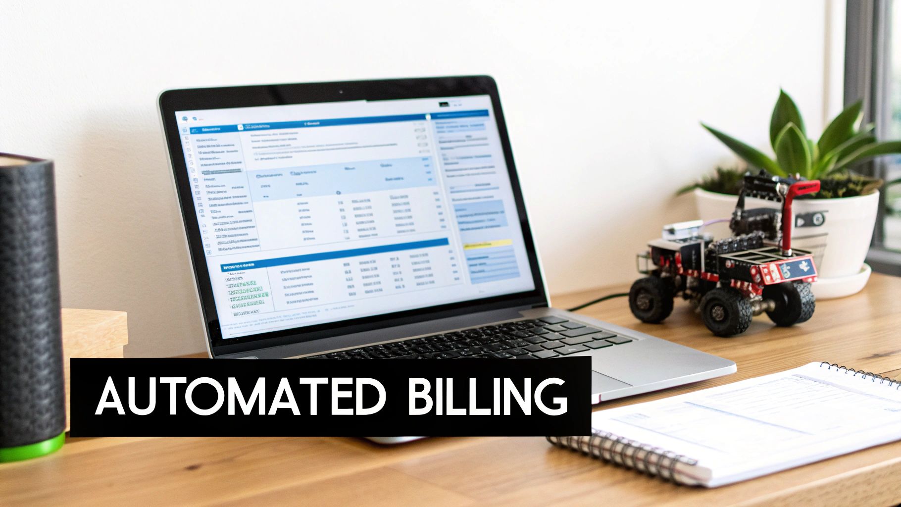A laptop screen shows automated billing software on a desk with a robotic car and plant.