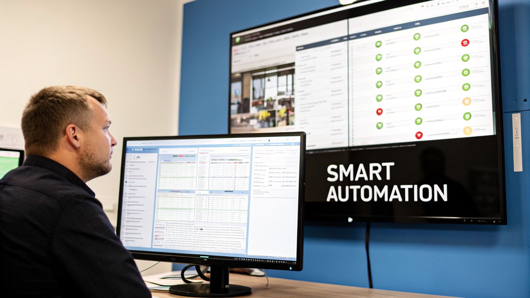 A man monitors data on a computer screen while a large 'SMART AUTOMATION' display shows statuses.