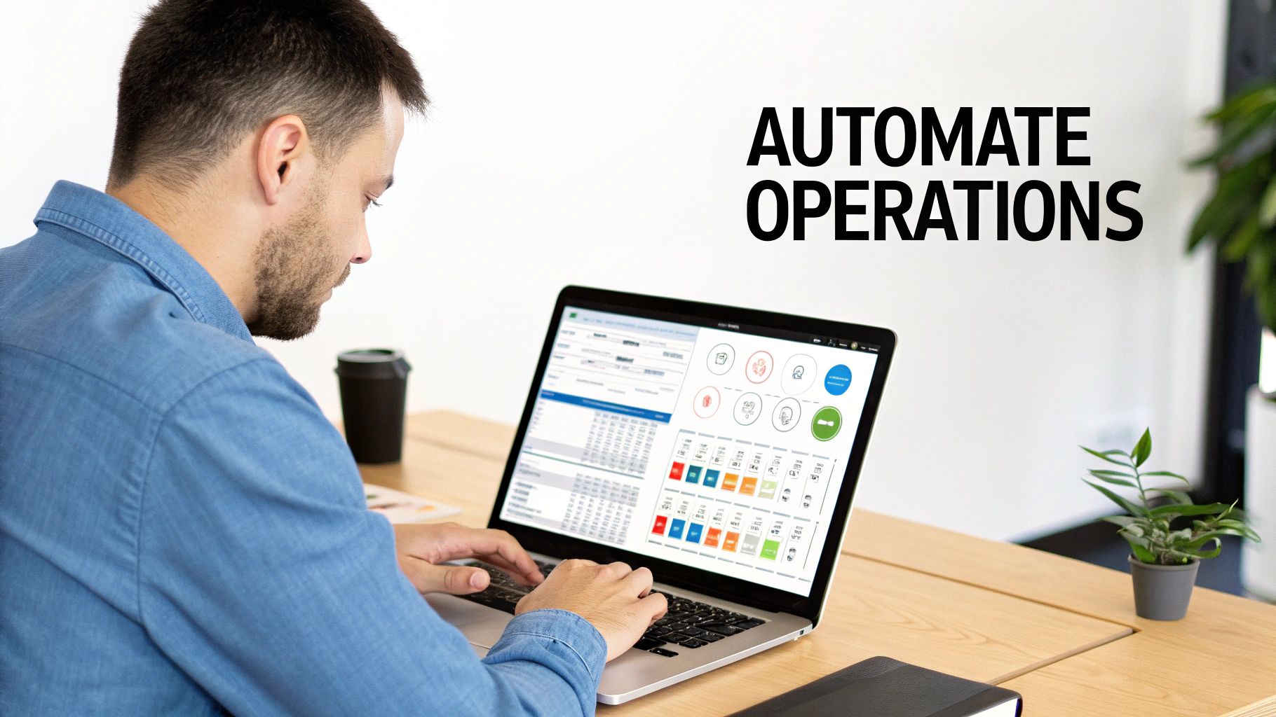 A man in a blue shirt uses a laptop displaying a dashboard, next to text 'AUTOMATE OPERATIONS'.