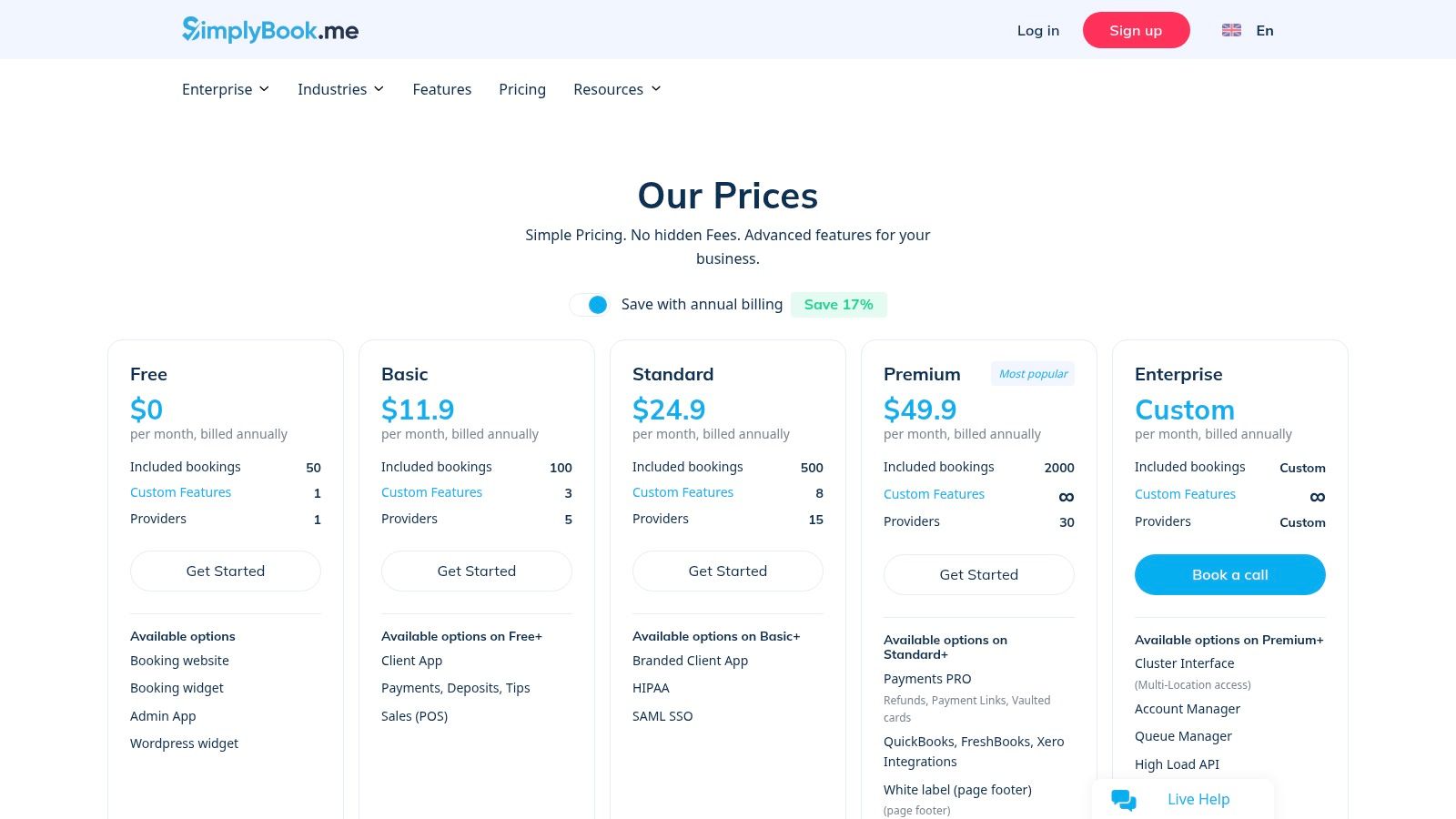 SimplyBook.me pricing plans showing a free tier and several paid options