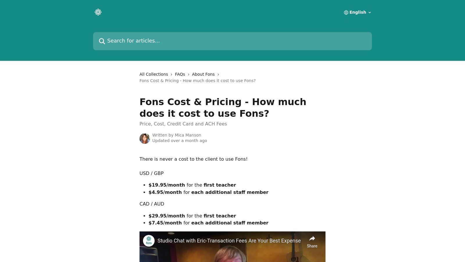 Fons pricing and features for solo tutors