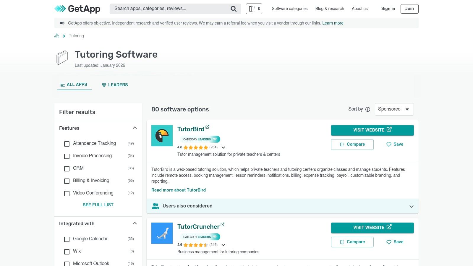 GetApp (Gartner Digital Markets) - Tutoring Software category