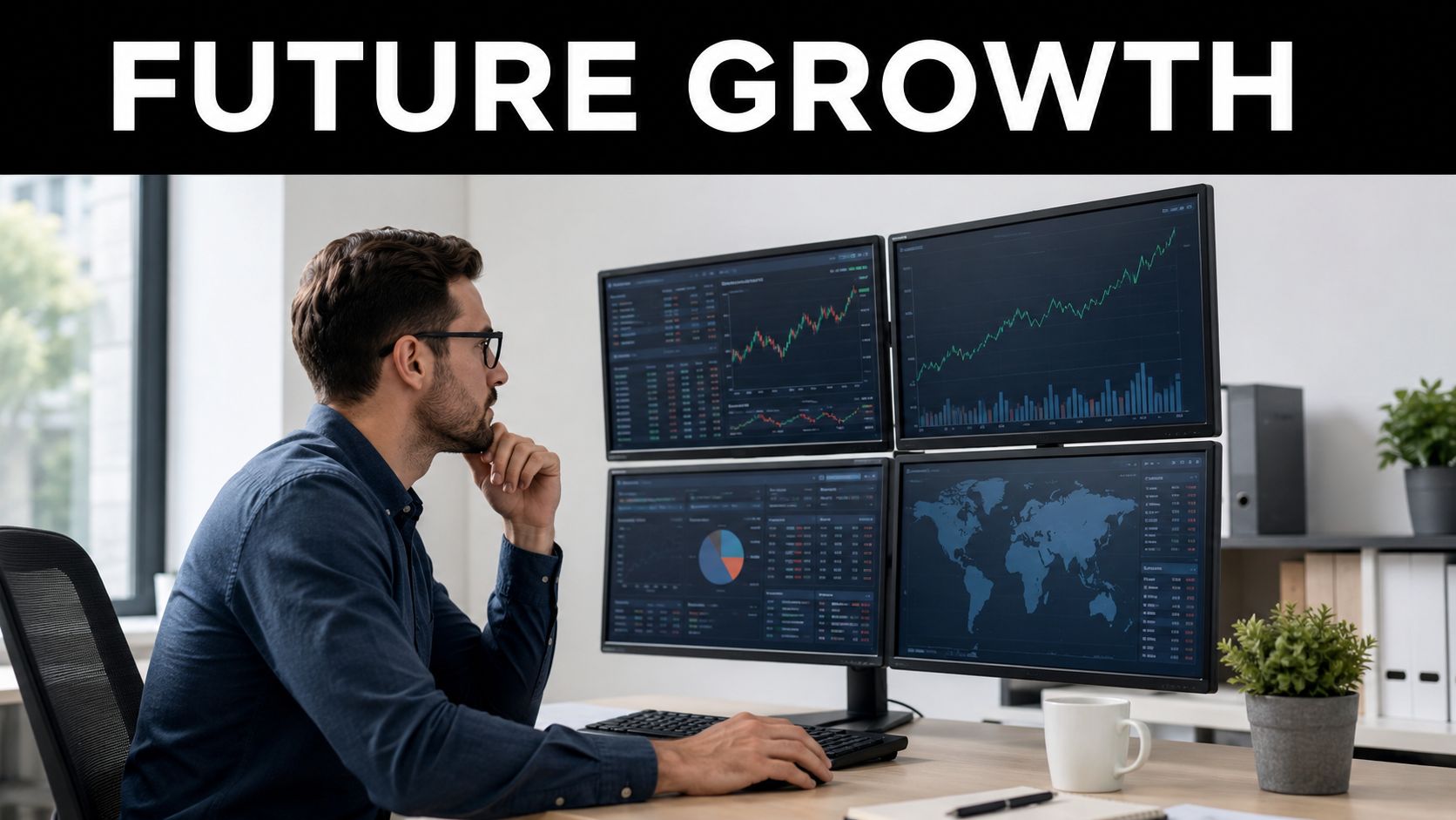 A professional man monitoring real-time financial market data and charts on multiple computer screens at his desk.