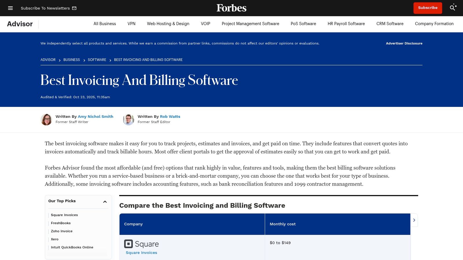Forbes Advisor, Best Invoicing/Billing Software (editorial)