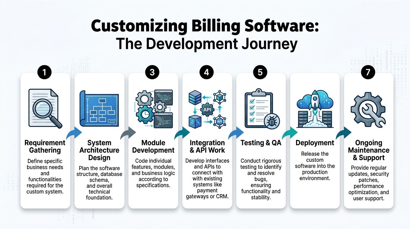 A seven-step flowchart illustrating the development journey for customizing business billing software from requirements to maintenance.
