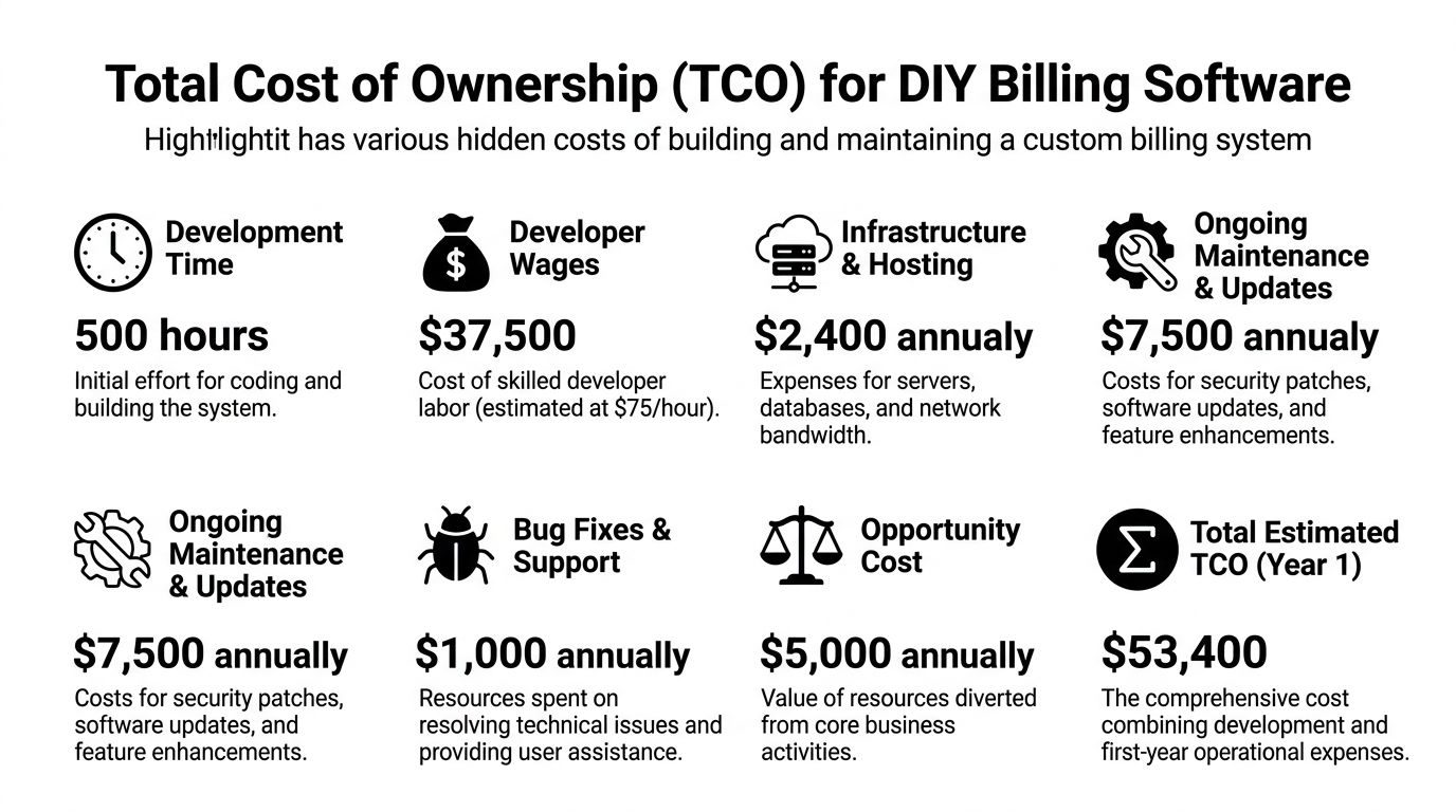 An infographic detailing the total cost of ownership for DIY custom billing software over one year.