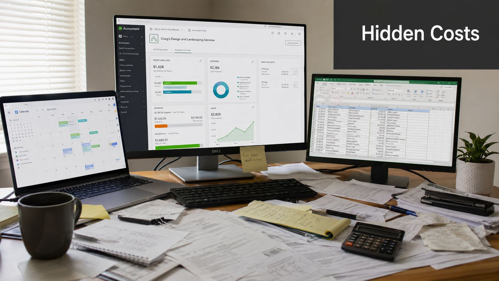 A cluttered desk featuring multiple computer screens displaying accounting software and spreadsheets, symbolizing business finance management.