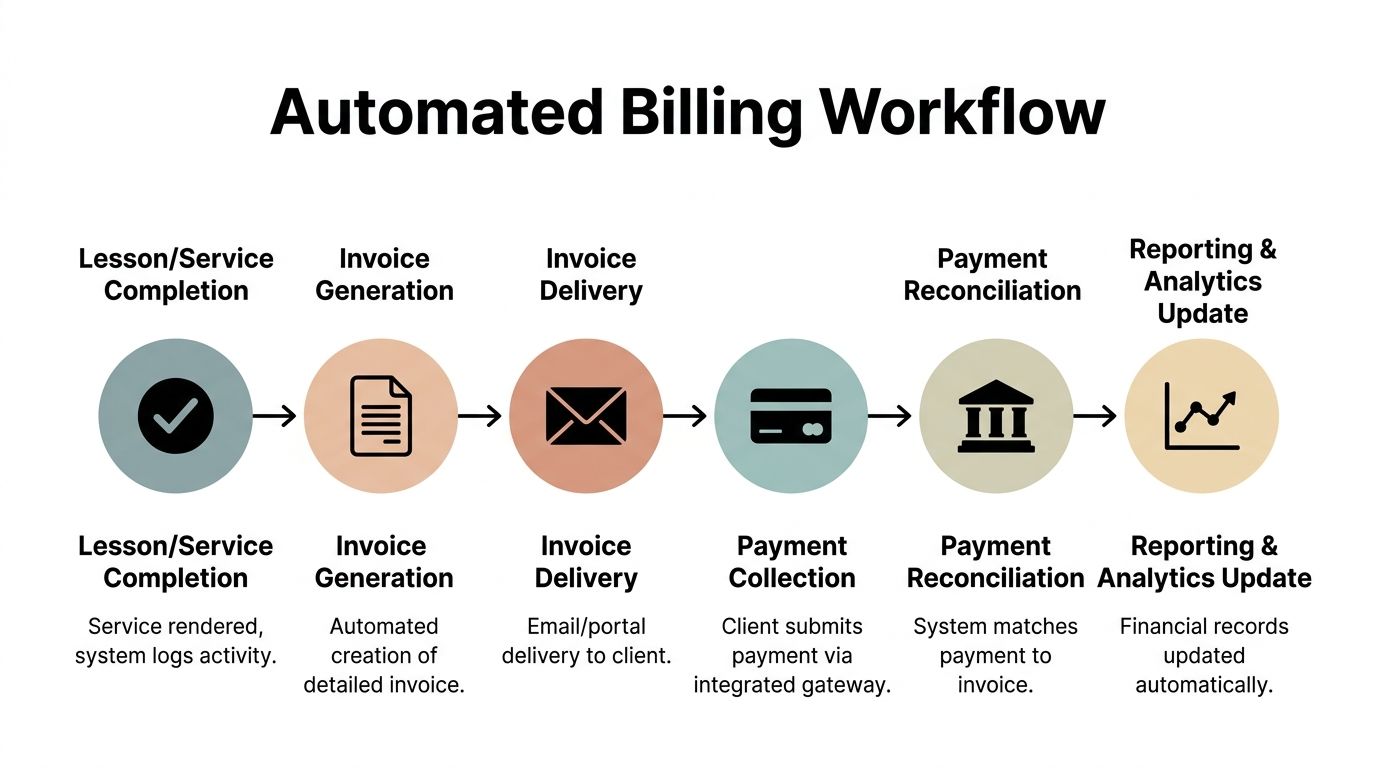 A flow chart illustrating the six stages of an automated billing workflow process from start to finish.