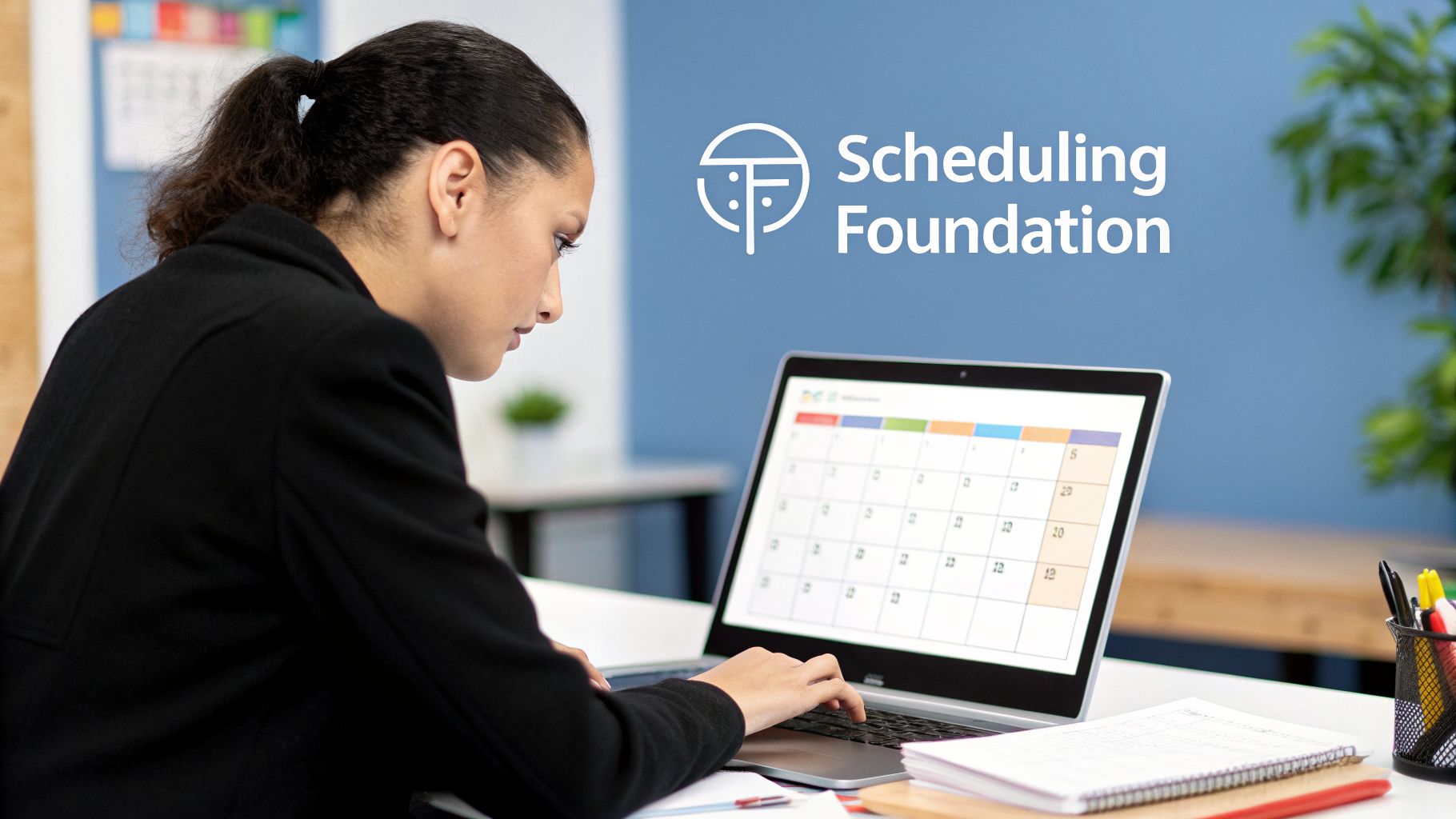 Professional woman uses a laptop displaying a calendar for efficient scheduling with the Scheduling Foundation logo.