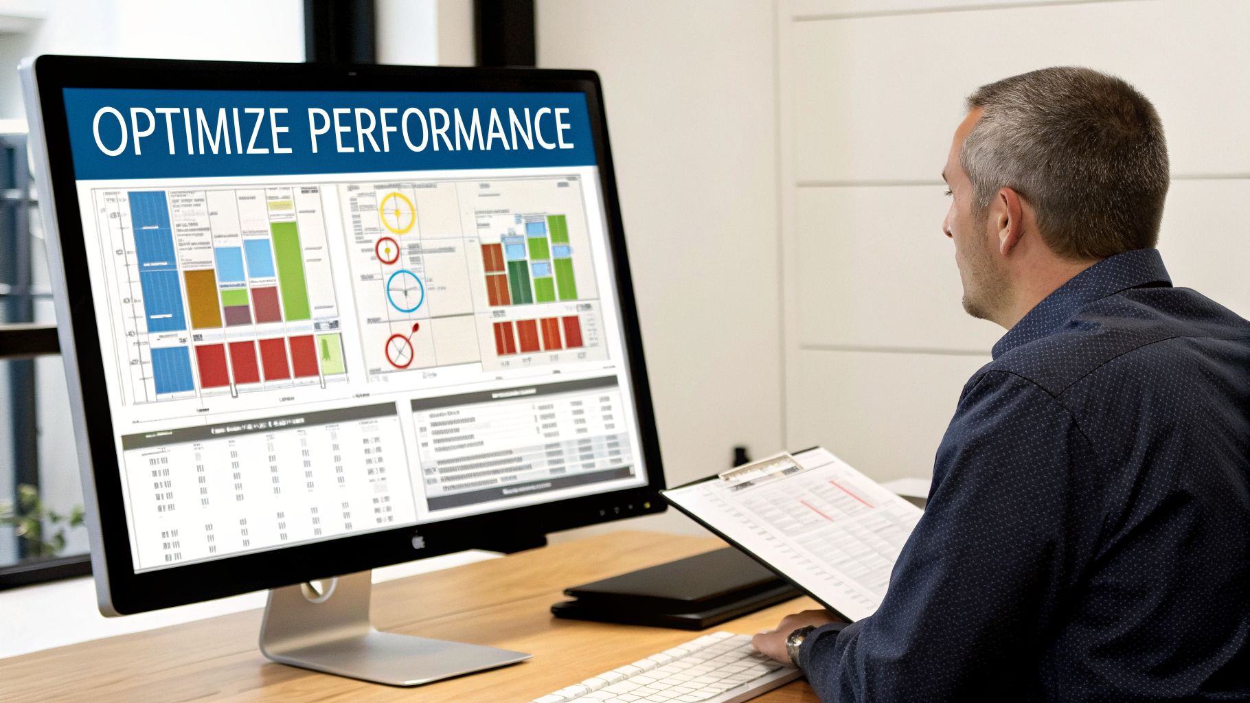 A man analyzing performance data on a computer screen and a clipboard in an office setting.