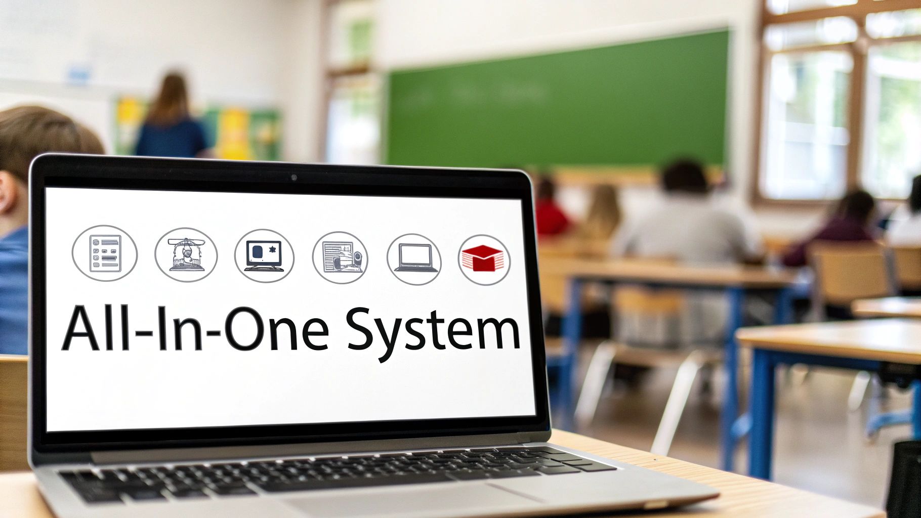 A laptop displaying "All-In-One System" with various icons in a blurred classroom background.