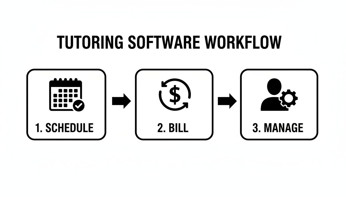 Workflow diagram showing the three steps of tutoring software: Schedule, Bill, and Manage.