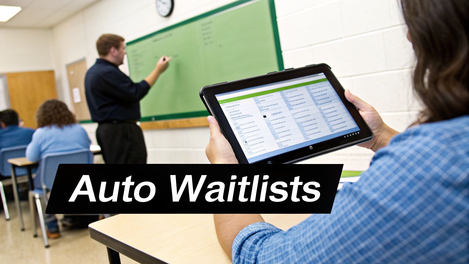 A student in a classroom views a digital schedule or waitlist on a tablet, with a teacher at the board.