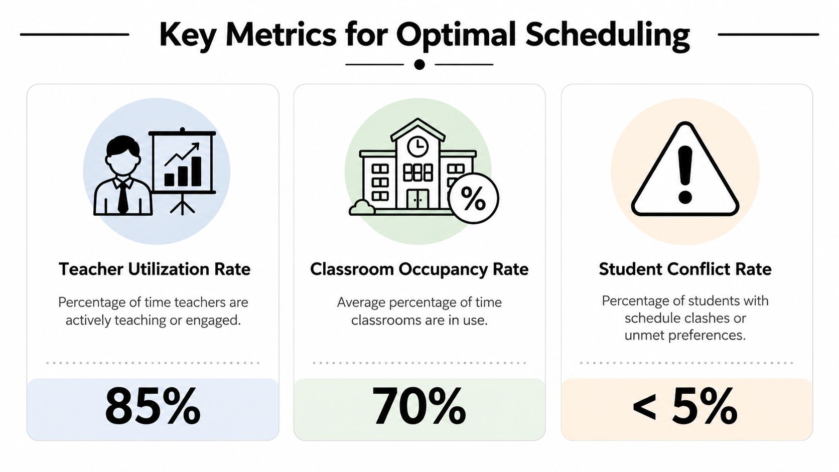 An infographic showing three key metrics for optimal school scheduling: teacher utilization, classroom occupancy, and student conflict.