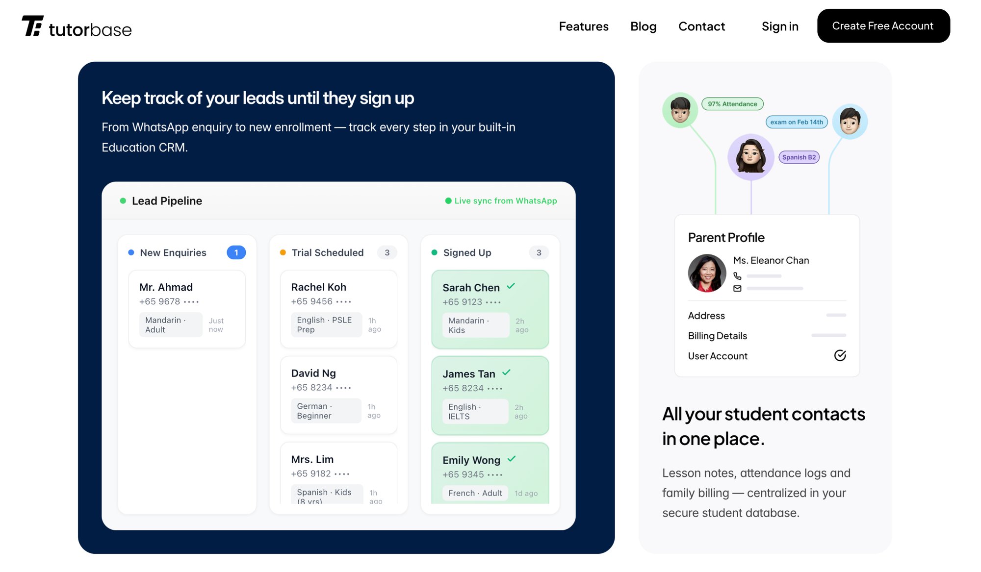 Tutorbase's Education CRM showing lead tracking, parent profiles, and student attendance records.